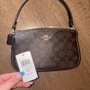 Coach Brown Signature Canvas Wristlet with Gold Hardware